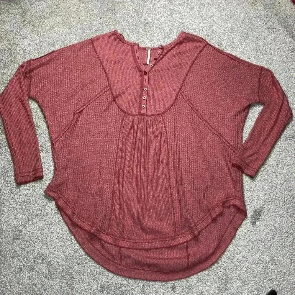 Free People Womens Oversized Henley Top Waffle Knit Thermal Rose Leo  XS
